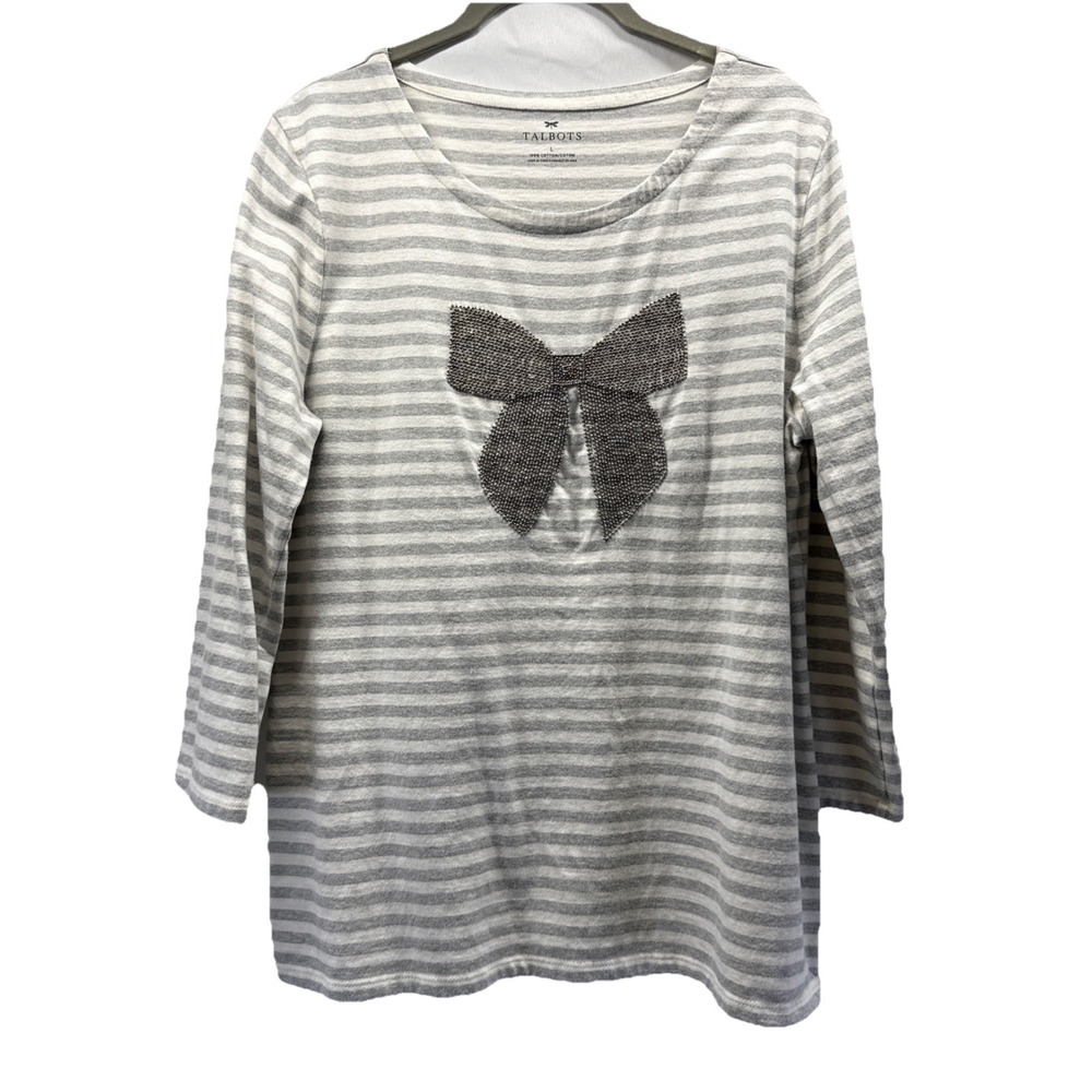Talbots Women's Top Size Large Gray White Stripe Beaded Bow 3/4 Sleeves Pullover